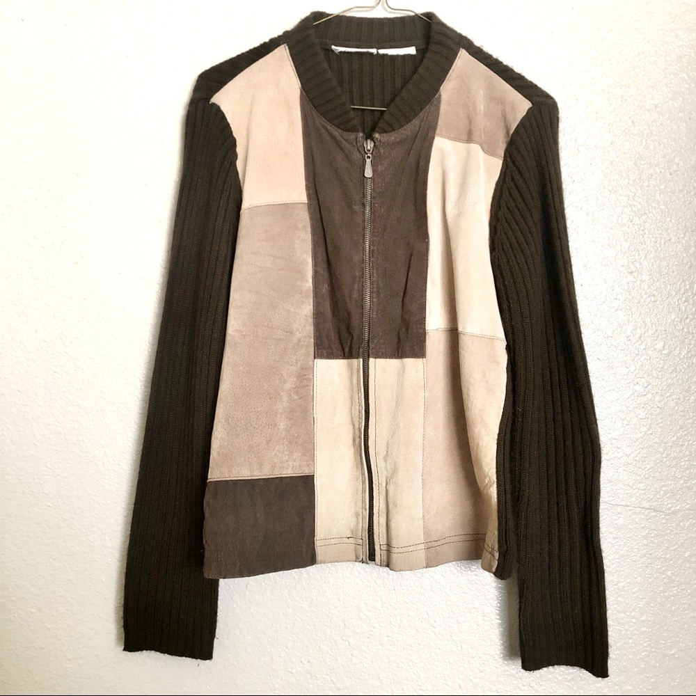 Vintage Brown Suede and Knit Front Zip Sweater Jacket